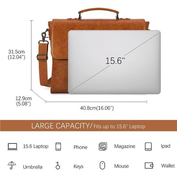 Leather Messenger Bag for Men 15.6 Inch Waterproof Laptop Briefcase Large - Picture 4 of 6